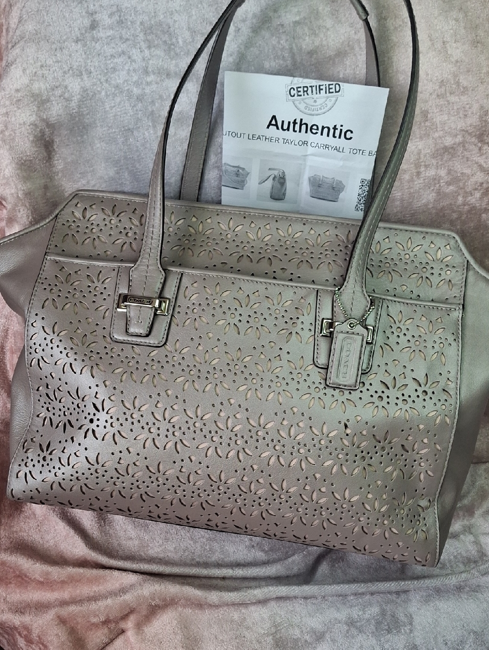 LN COACH TAYLOR Laser-Cut Floral Taupe Leather Tote